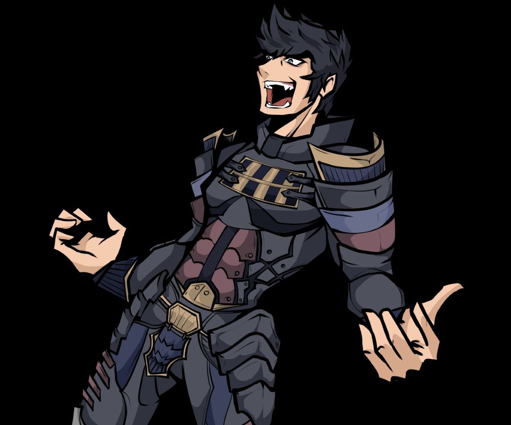 Malos from Xenoblade 2 in the art style of The World Ends With You doing a crazed pose, mimicking one of Sho Minamimoto's iconic poses.