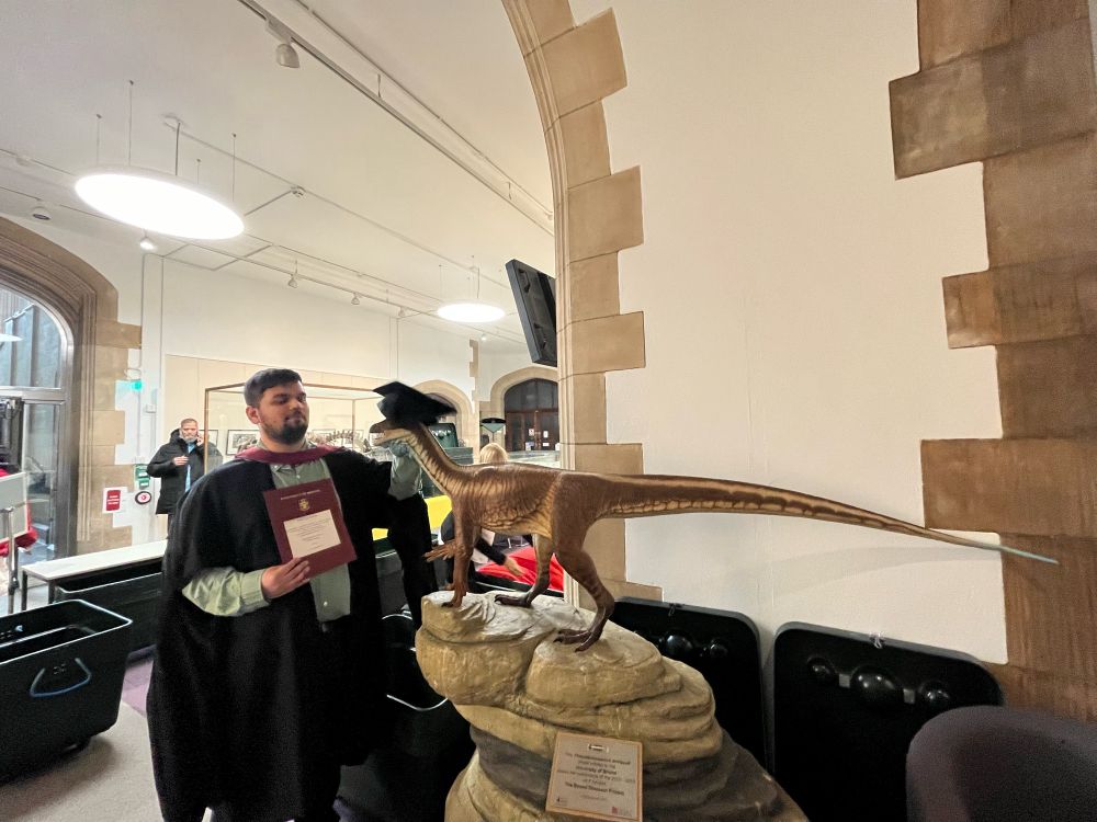 Picture with Thecodontosaurus at Wills Memorial Building.