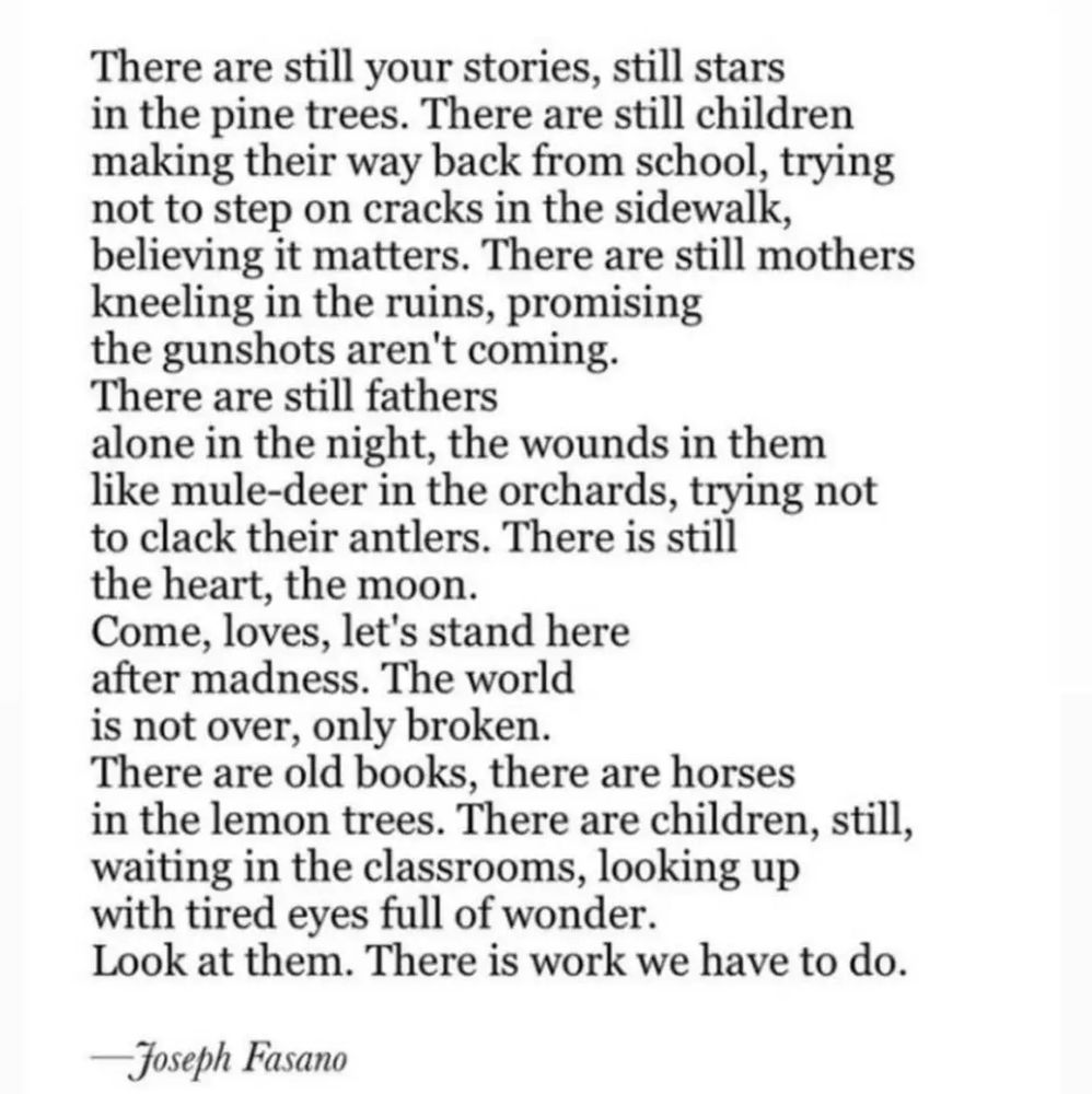 Poem by Joesph Fasano
There are still your stories, still stars in the pine trees. There are still children making their way back from school, trying not to step on cracks in the sidewalk, believing it matters. There are still mothers kneeling in the ruins, promising the gunshots aren’t coming. There are still fathers alone in the night, the wounds in them like mule-deer in the orchards, trying not to clack their antlers. There is still the heart, the moon. Come, loves, let’s stand here after madness. The world is not over, only broken. There are old books, there are horses in the lemon trees. There are children, still, waiting in the classrooms, looking up with tired eyes full of wonder. Look at them. There is work we have to do. 
