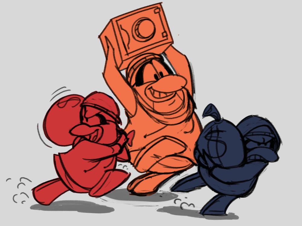 Flippy, Bruce, and Moira running away with stolen money. Flippy, with a sack of money over her shoulder, is looking behind her as if to say "So long, suckers!" Bruce has a goofy grin on her face as she carries a big, heavy safe over her head. Moira looks serious and determined, hauling a sack of cash that's almost as big as she is. (Which isn't very.)