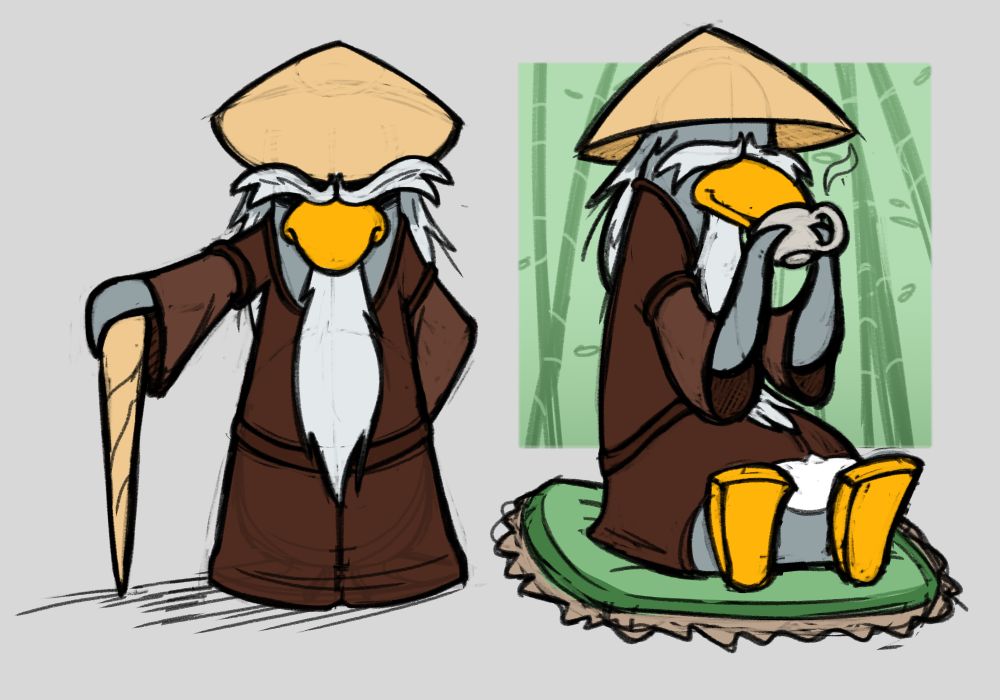 Two drawings of Sensei from Club Penguin, a grey penguin in a Japanese rice hat and a brown robe. He has long white hair, a white beard, and bushy eyebrows that completely cover his eyes. Drawings include:
1: Sensei standing upright with his walking stick, looking stern with his rice hat tilted downwards.
2: Sensei chilling on a green cushion while sipping some hot tea. A bamboo-patterned wallpaper is behind him.