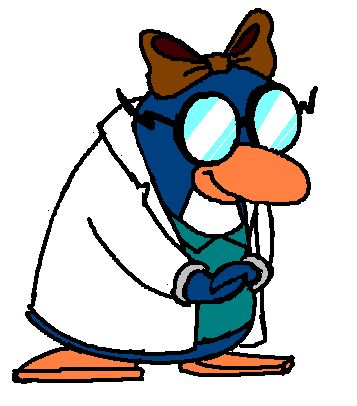 A doodle of Gary the Gadget Guy from Club Penguin, wearing his necktie as a cute ribbon on his head. He's clasping his flippers politely.