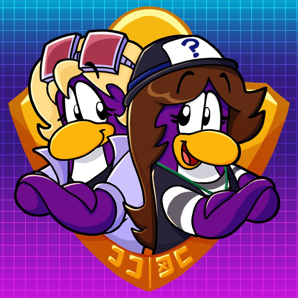 Dot the Disguise Gal from Club Penguin and Maple Flonne (a Club Penguin OC), standing back to back with crossed arms in a confident stance in front of a golden EPF symbol. The tic-tac-toe code on the bottom reads "DD" and "MF" respectively.