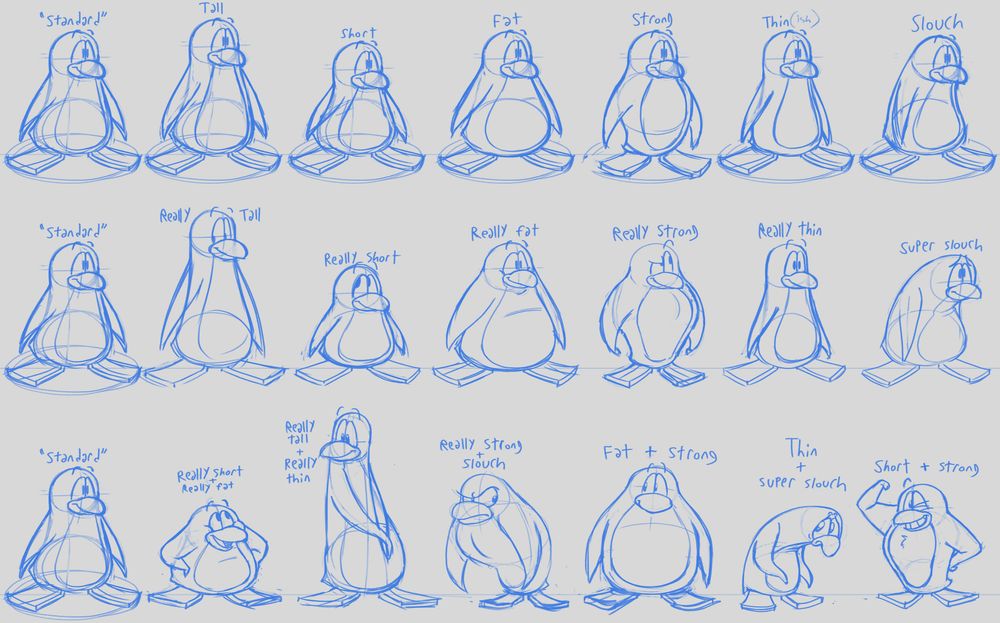 Sketches of 21 cartoon penguins of different shapes and sizes; standard, tall, short, fat, strong, thin, and slouching. Some sketches exaggerate these features while others combine them, i.e. short and fat, tall and thin, strong and slouching, fat and strong, thin and slouching, short and strong.