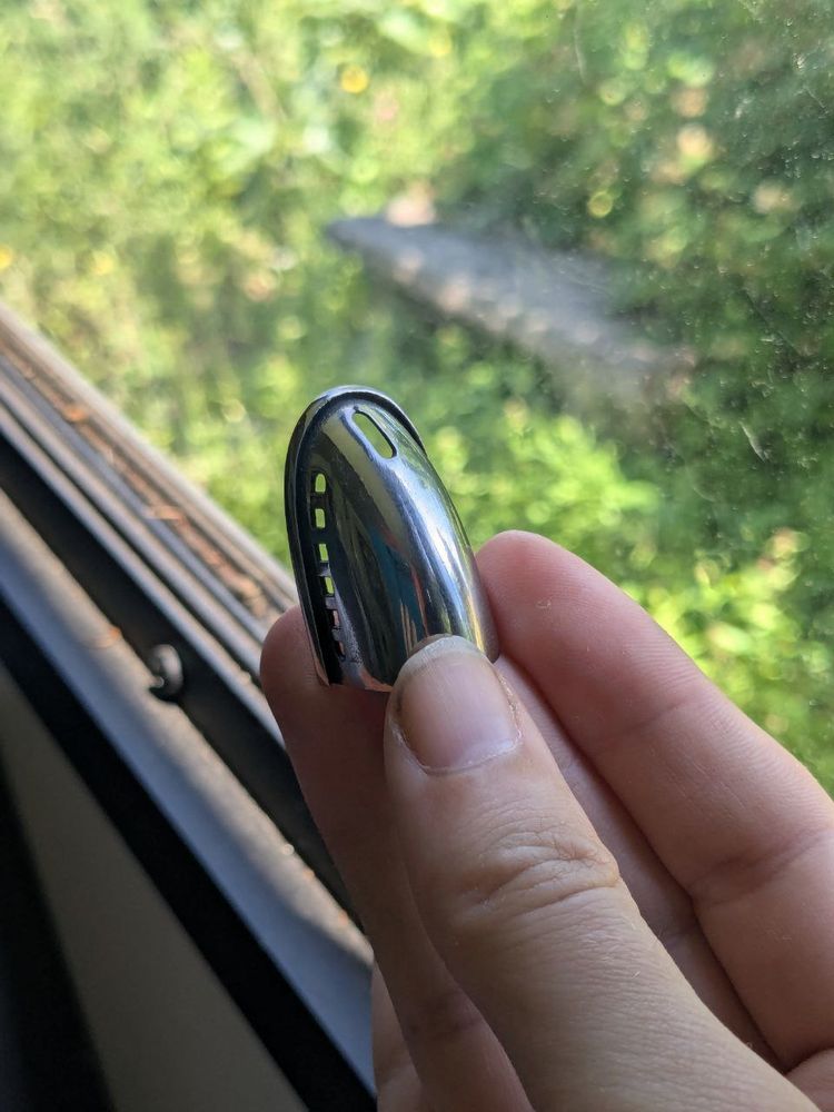 A small metal, oval shaped object with holes for piercings. Its meant to be used to cover a clit for chastity.