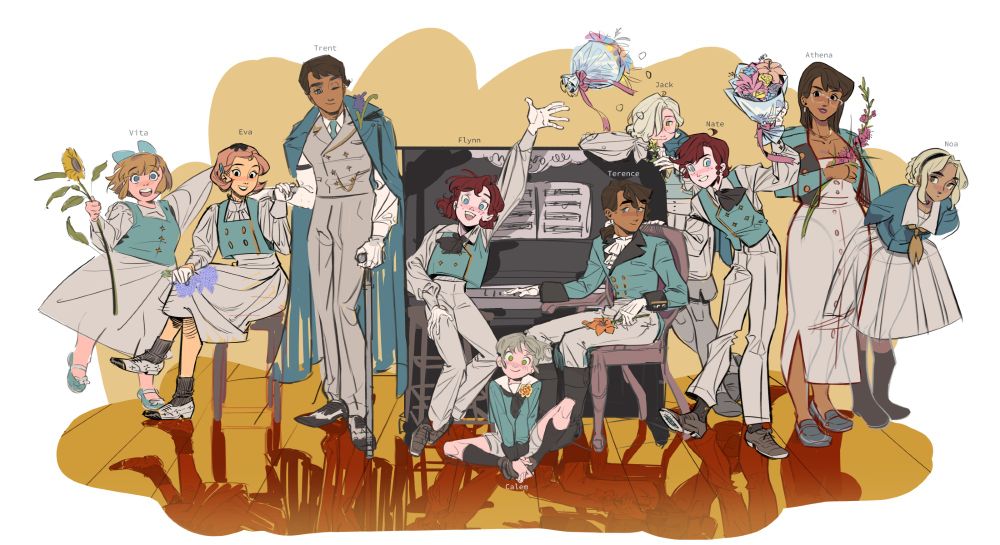 ID: A full view of a work in progress, of nine of my original characters. They are wearing similar matching attire, of a teal coloured top and white coloured bottom. Names from left to right: Vita, Eva, Trent, Flynn, Calem, Terence, Nate, Athena, Noa. This drawing was started in 2021 and never completed, demonstrating my point where I enjoyed the aesthetic quality of the pencil sketch too much to move on.
