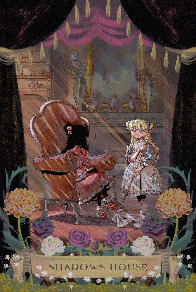 ID: An illustration of Kate and Emilico from Shadows House. They pose in Kate's room, with her sitting elegantly on an armchair, and Emilico standing beside her, holding a broom. The room is illuminated by a window, and the drawing is framed by black curtains and flowers and a banner on the bottom.