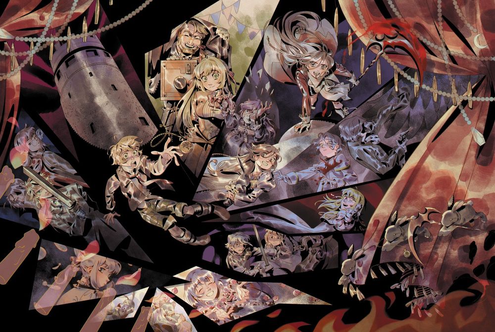 ID: An illustration of Pandora Hearts characters, with different characters and moments in a cracked piece of glass. In the center is Oz falling into darkness. The drawing is framed by curtains, strings of beads, and candles.