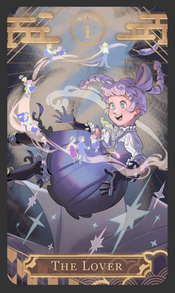 ID: An illustration of Iris from The Great Ace Attorney, floating above an open book. There is a ray of light and images of her friends and family. The drawing is in a tarot card frame, reading, "The Lover".