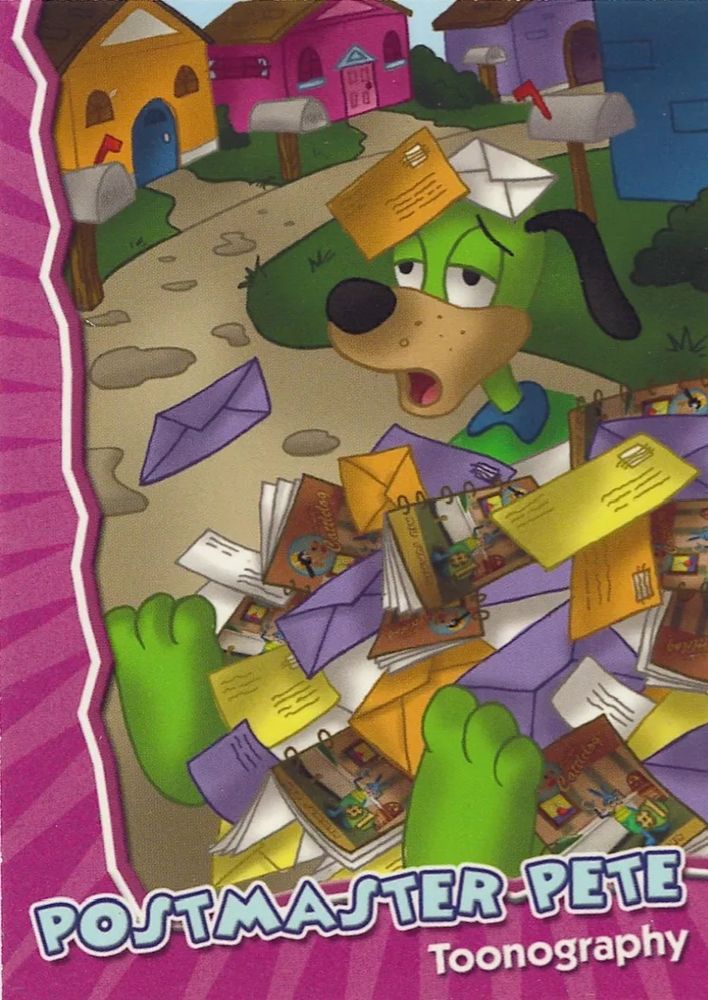 toontown series 2 trading card of postmaster pete. he's covered in mail and his grippers are OUT.