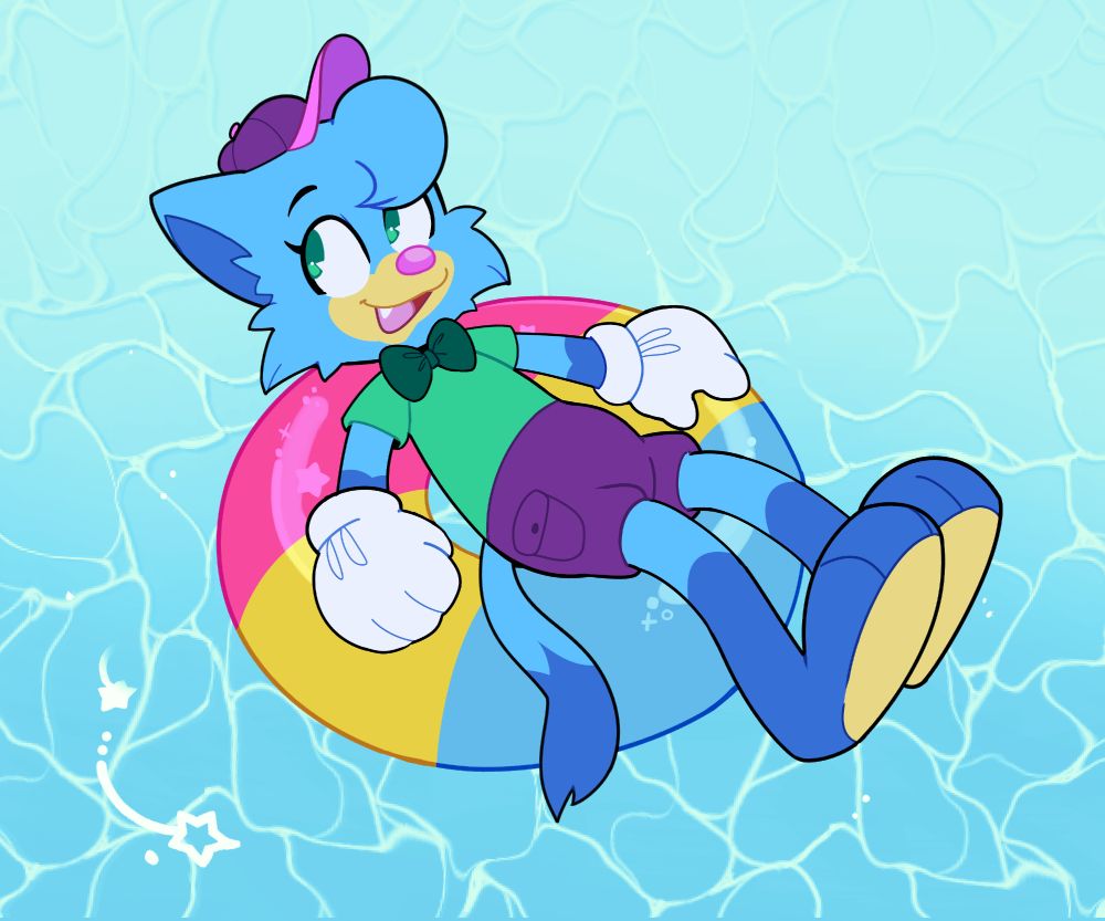 a blue toon cat (Silly Bart Nuttynugget), rested on a inner tube colored like the pan flag in the middle of a body of water
