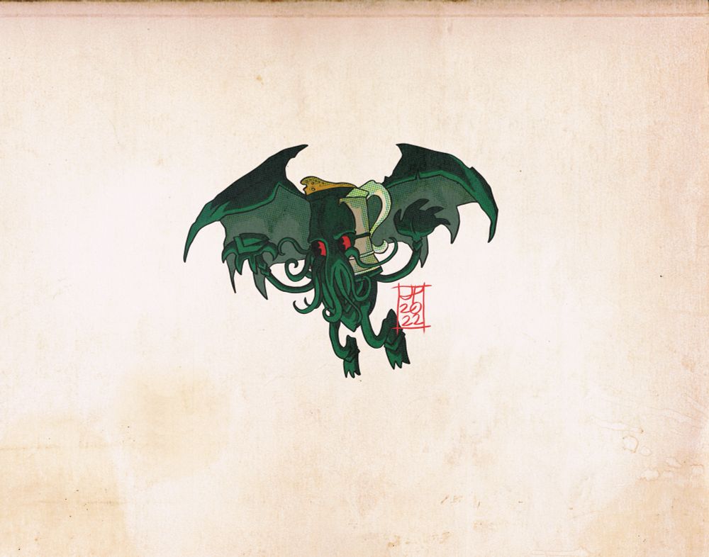 Cup-thulhu (Cthulhu) illustrated in the style of “Cuphead” by Joshua Potter for Inktober 2022.