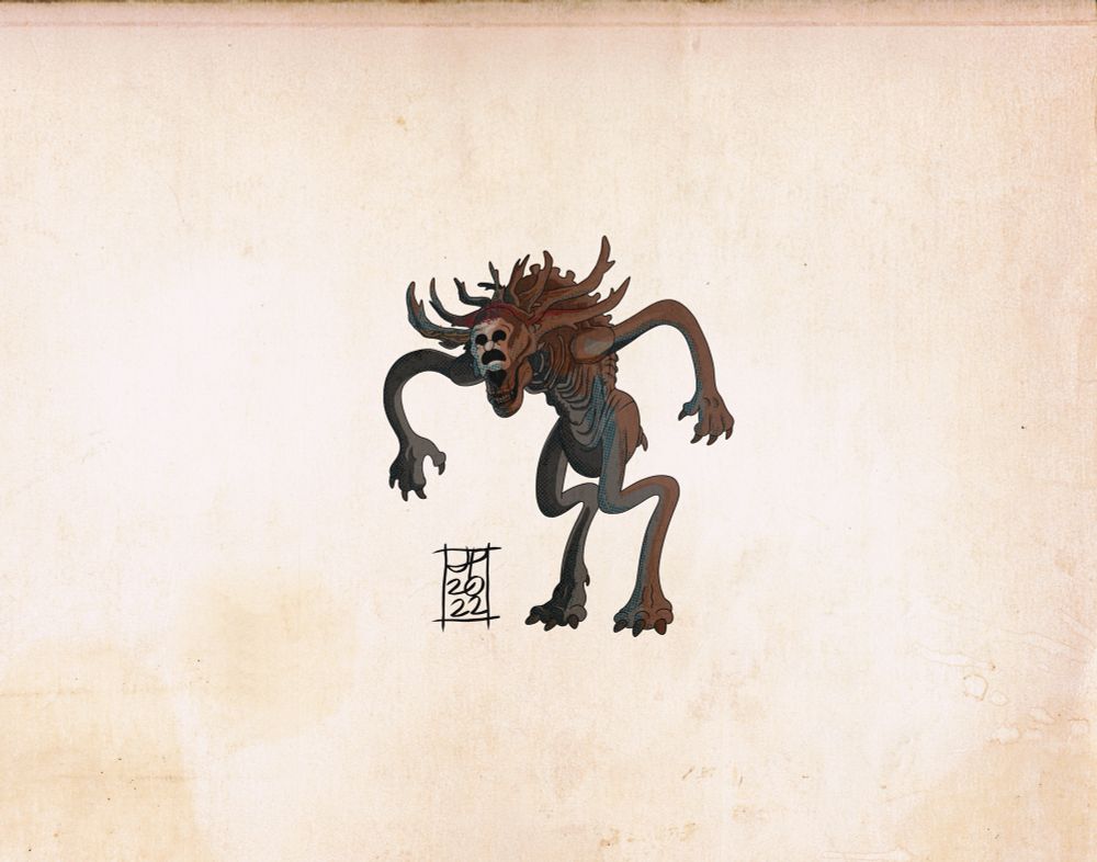 The Wendigo from Antlers (2021), illustrated in the style of “Cuphead” by Joshua Potter.