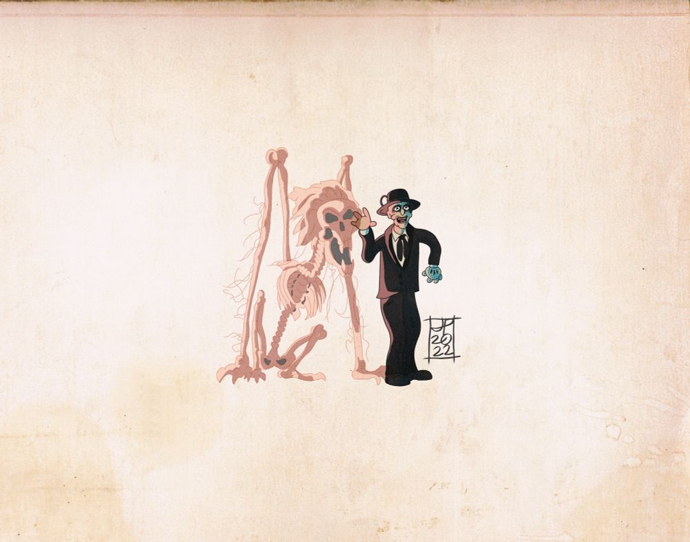 Kane and one of his beast forms from the Poltergeist films in the style of “Cuphead,” illustrated by Joshua Potter.