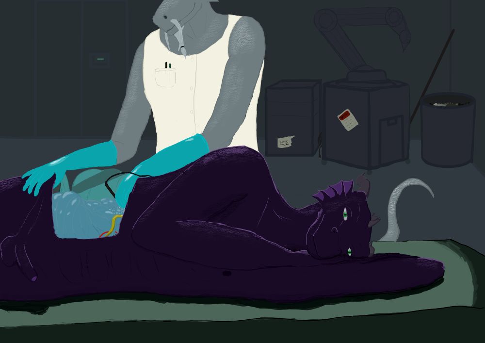 Title: Made With Care A nude, purple scaled lizardman-android lies on a bed, illuminated from above and off-camera by a spotlight. His flank has been opened, but he is conscious. A silver-scaled lizardman technician or scientist dressed in a white sleeveless lab-coat and rubber gloves leans over him with some kind of tool, adjusting something inside of him. He seems pensive, but not unhappy. The technician is smiling slightly. They are in some kind of workshop; a box, a waste bin and a robotic arm have been stashed in the corner. The room has a double sliding door with a small control built into it. 