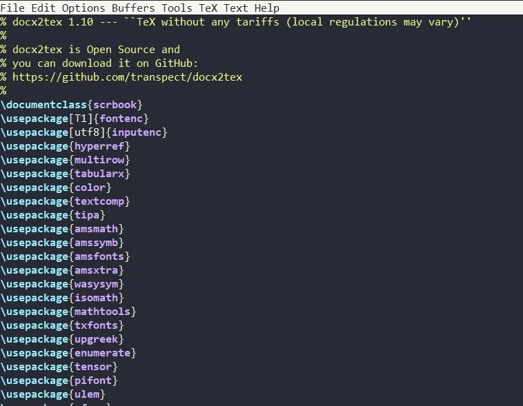 Screenshot of a TeX document generated with docx2tex