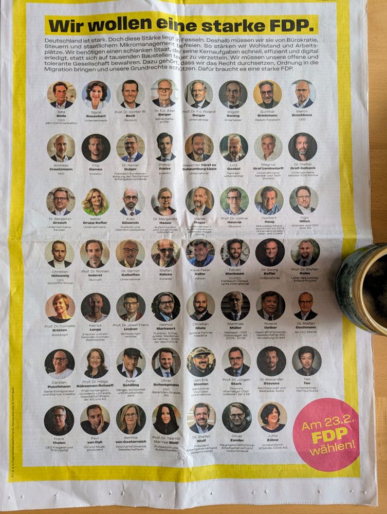 Zeitungsanzeige "wir wollen eine starke FDP" mit diversen Personen 