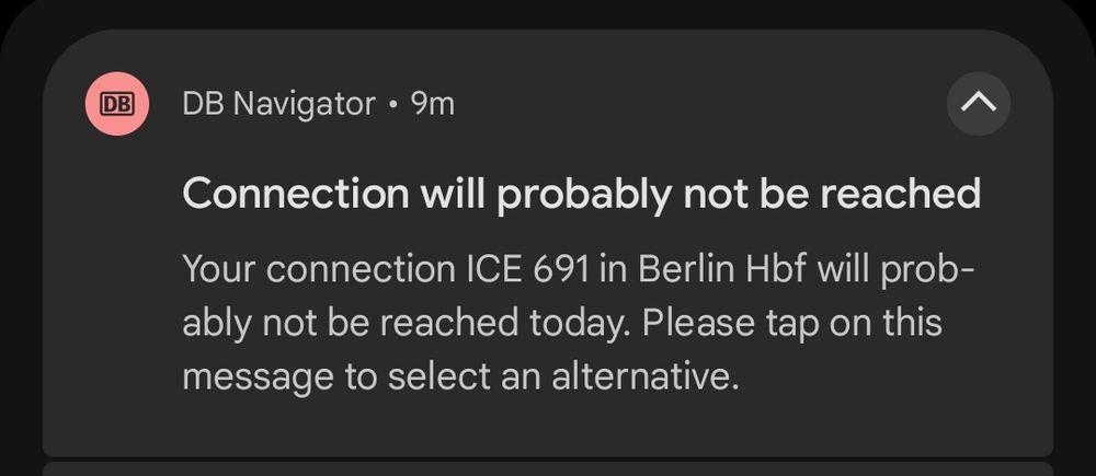 Push-Notification der Deutschen Bahn App, dass der Anschluss vermutlich nicht erreicht wird.