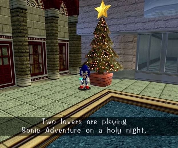 Sonic the Hedgehog stands in front of a Christmas tree. The caption says "Two lovers are playing Sonic Adventure on a holy night."