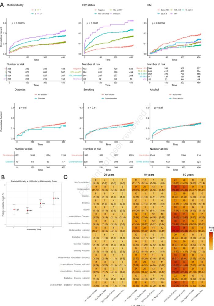 Graphs showing hazard of death among people with TB multimorbidity 