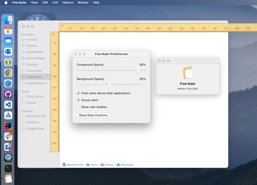 Screenshot of an area of my Mac desktop, showing the Dock, a Finder window, and the Free Ruler app with its Preferences and About dialog. The app provides a horizontal and vertical ruler. 