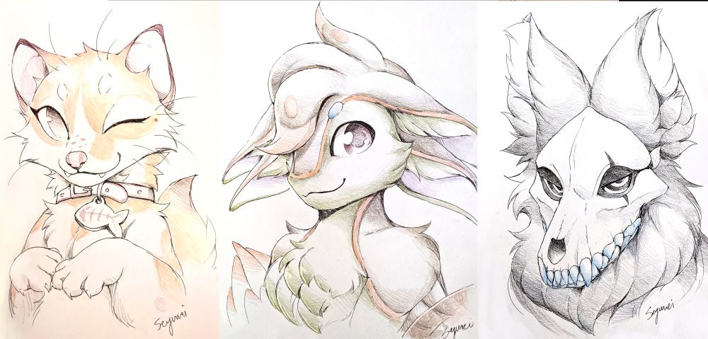 Sketches of a pine martin character, avali character, and skulldog character