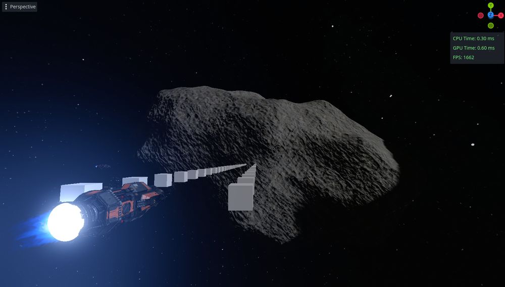View of a space scene with a spaceship in front and a big asteroid in the back