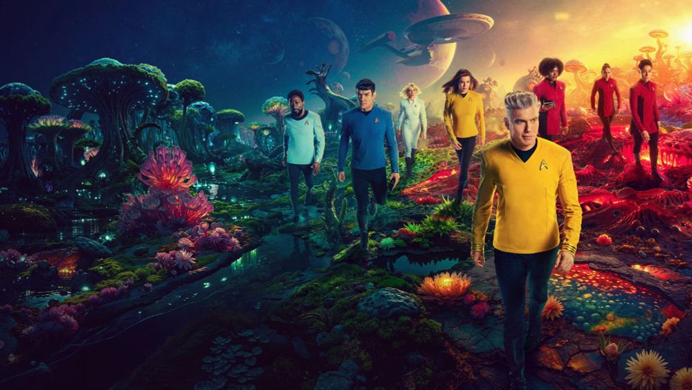 Promotional image for Star Trek Strange New Worlds, with Kirk and his crew on an alien landscape.