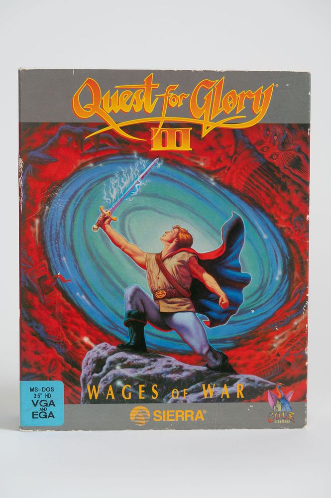 Quest for Glory 3 box front cover. Text reads: "Quest for Glory 3. Wages of War. MS-DOS VGA and EGA." With Sierra logo.