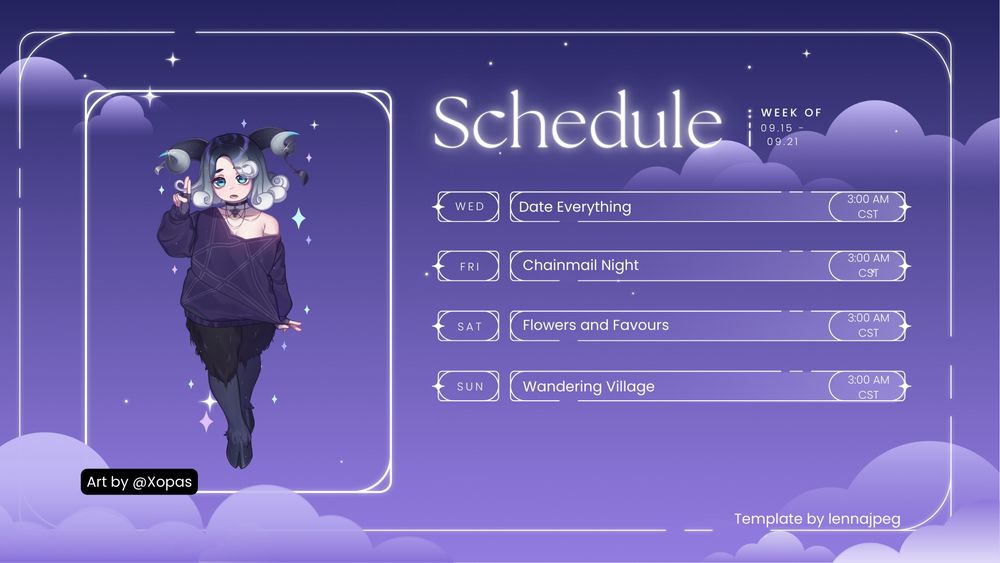 A purple nighttime themed schedule for Metty Deschia dated 09.15-09.21. Metty is featured on the left as a horned girl with bouncy black to white gradient curls and a purple sweater. She is posed looking toward the viewer with one hand tugging her dress and the other twirling hair, it is credited to @Xopas. The schedule template is attributed to Lennajpeg in bottom left. The schedule is as follows: "Date Everything" on Wednesday at 3:00 AM CST,  "Chainmail Night" on Friday at 7:00 PM CST, "Flowers and Favours" on Saturday at 3:00 am, and "Wandering Village" on Sunday at 3:00 AM CST.