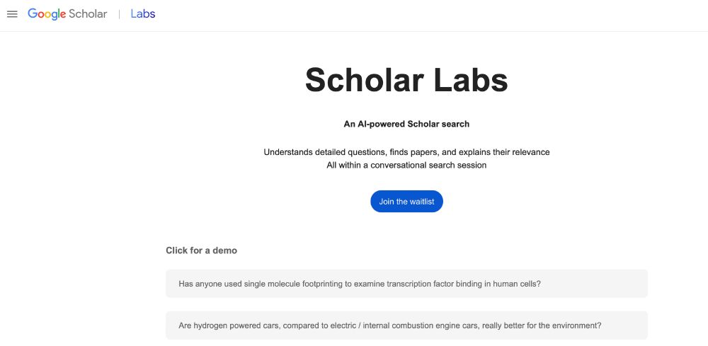 screenshot of google scholar's new "scholar labs" page. "An AI-powered Scholar search; understands detailed questions, finds papers, and explains their relevance, all within a conversational search session"