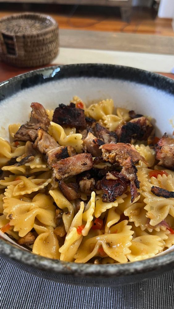 final result. A delicious bowl of bow pasta with beer/bbq sauce and toasted ribs.