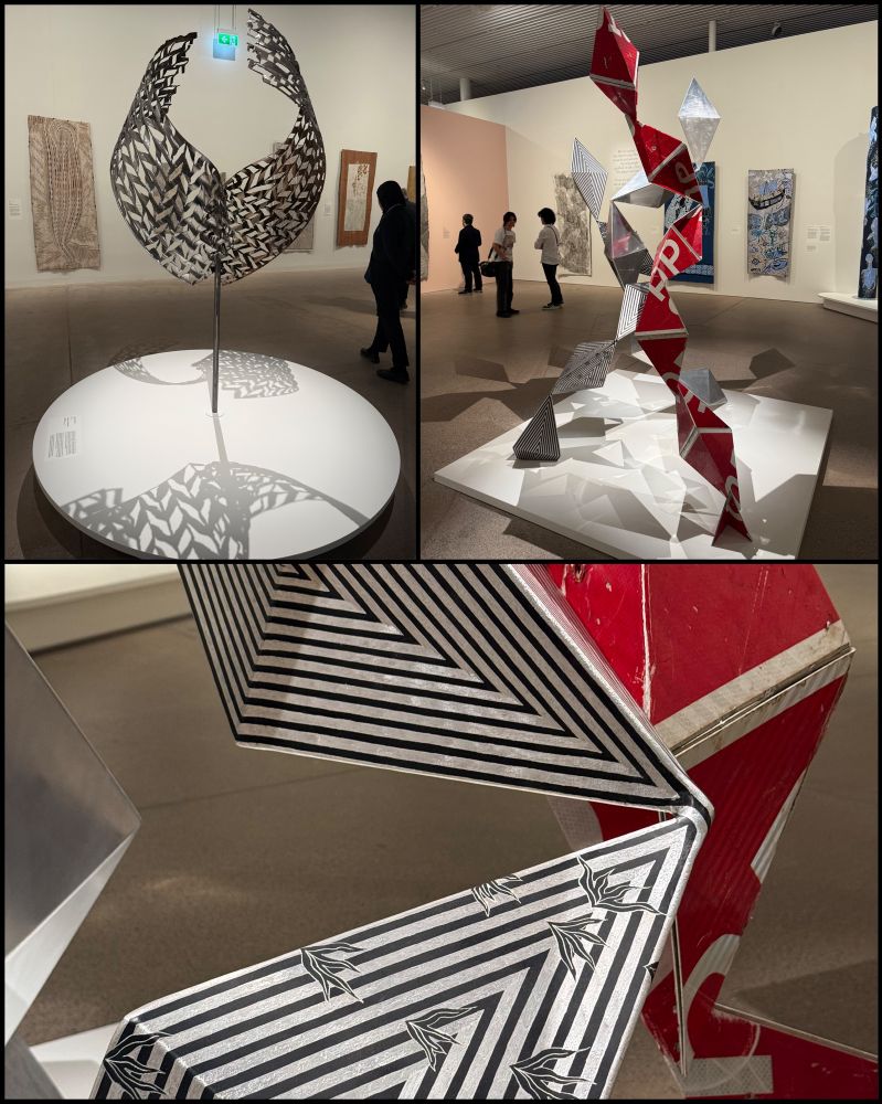 collage of Indigenous Australian sculptures created by scratching designs into enamelled metal signs