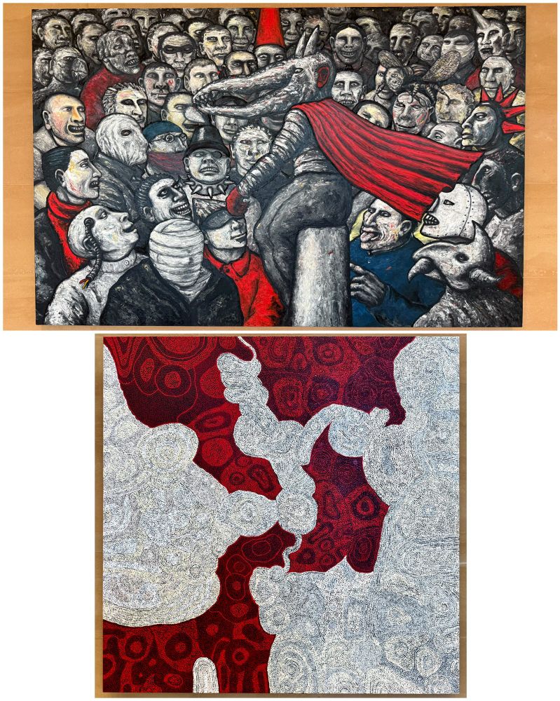 collage of pictures: two paintings, one apocalyptic, one a stylised aerial landscape in patches of red and white dots