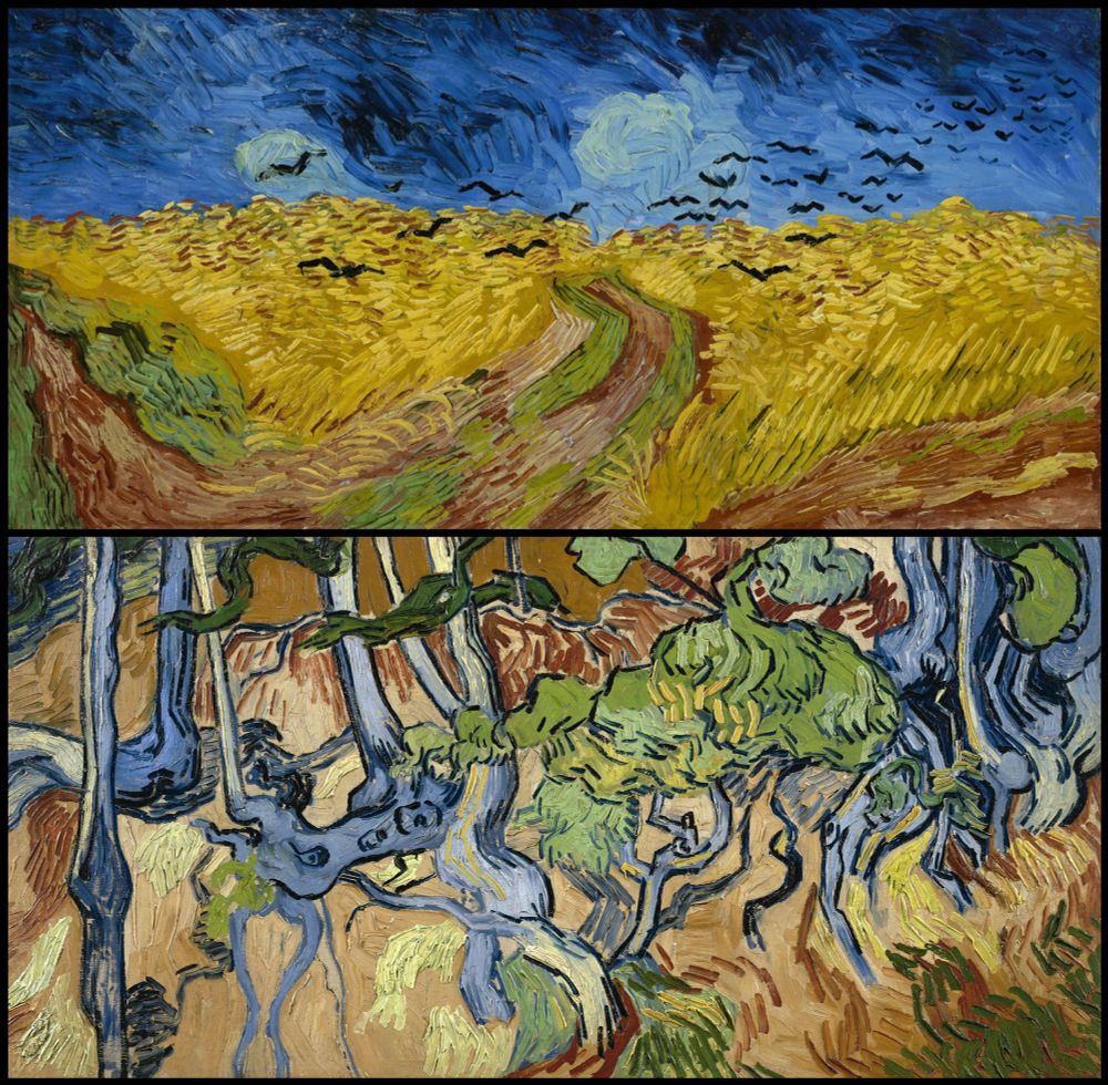 two paintings, one showing ominous birds in a dark sky over cornfields, the other showing twisted, gnarled roots