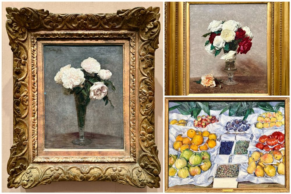 paintings by Henri Fantin-Latour of flowers and by Gustave Caillebotte of a fruiterer’s stand