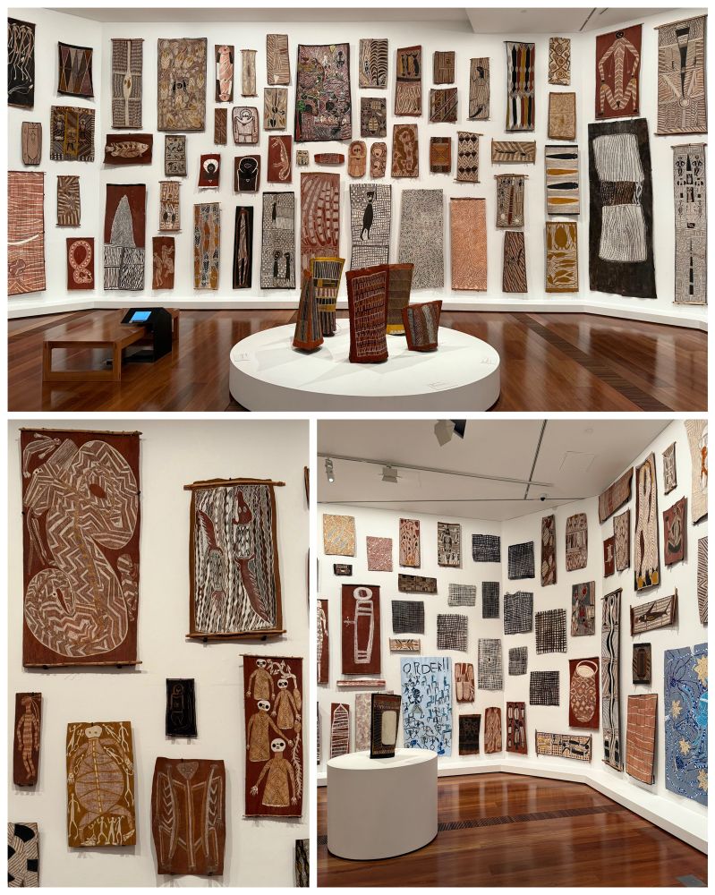 three photos of a gallery displaying Indigenous bark art in a salon-style hang up the walls