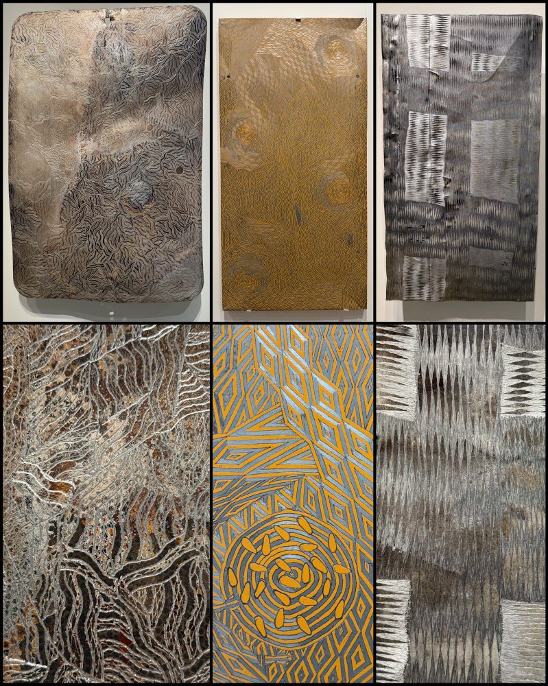 collage of Indigenous Australian artworks created by scratching designs into enamelled metal signs