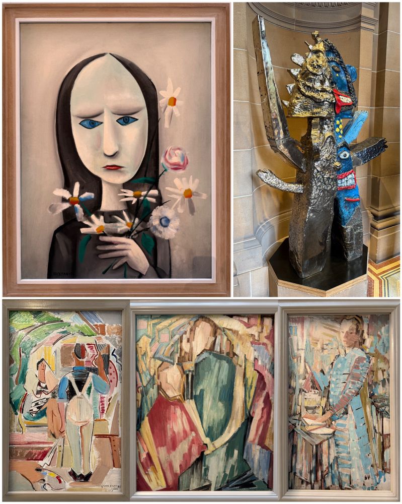 collage of pictures: painting and a sculpture 