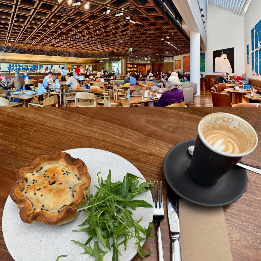 photos of an expansive and upmarket cafe and a meal of pie and coffee