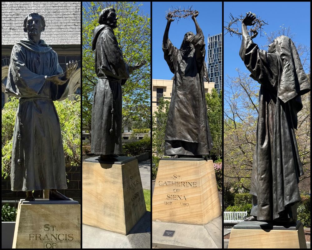 four photos of two life size bronze statues on matching plinths, one of a man with hands held out, one of a woman holding a crown of thorns in the air