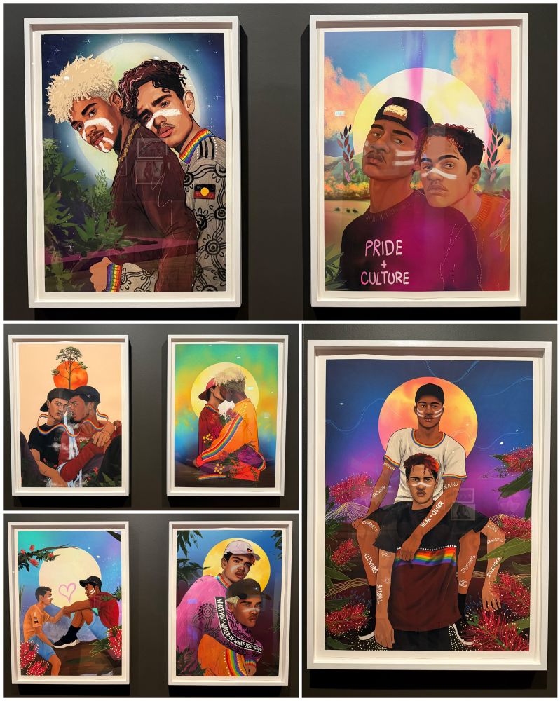 collage of pictures: colourful prints of gay indigenous youth