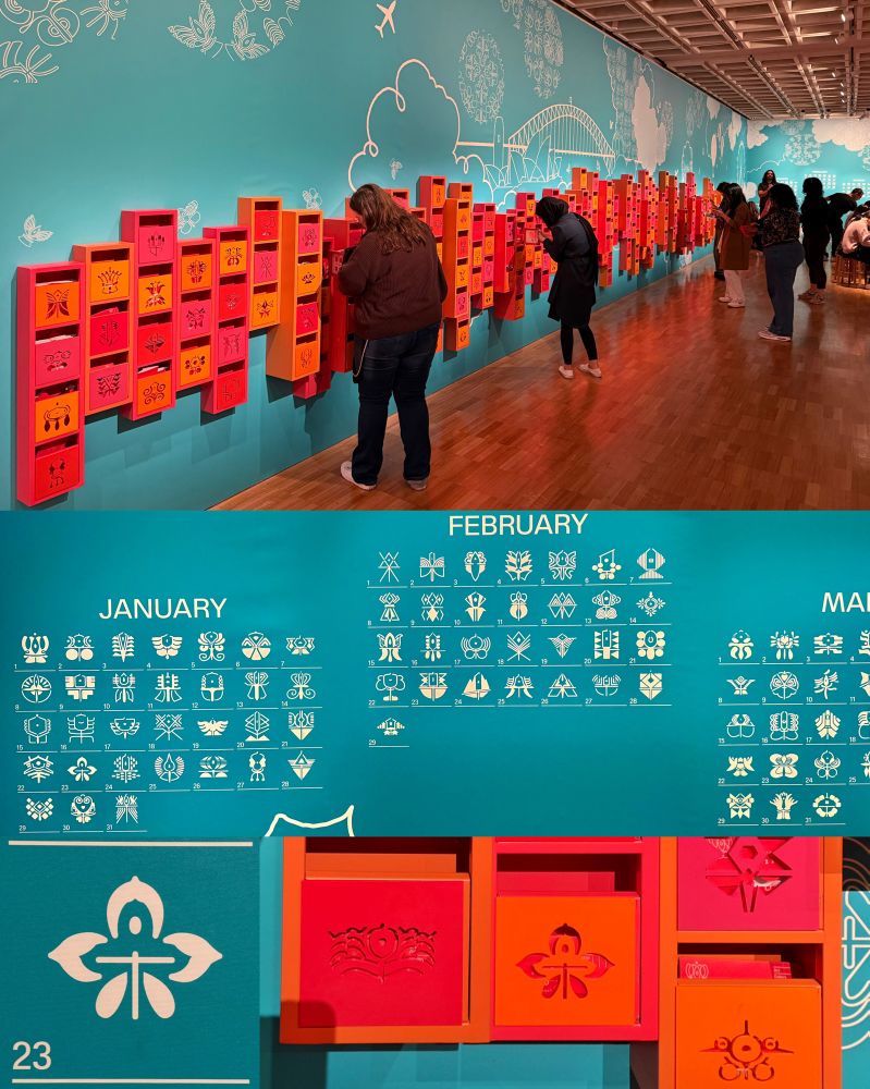 a collage of photos of an installation showing calendars on teal walls and many red/orange boxes