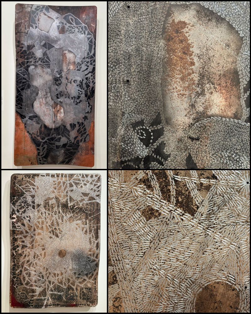 collage of Indigenous Australian artworks created by scratching designs into enamelled metal signs