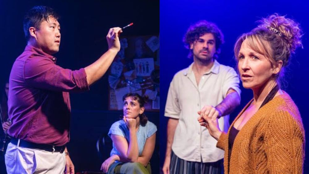 scenes from a theatrical production showing four actors between songs 