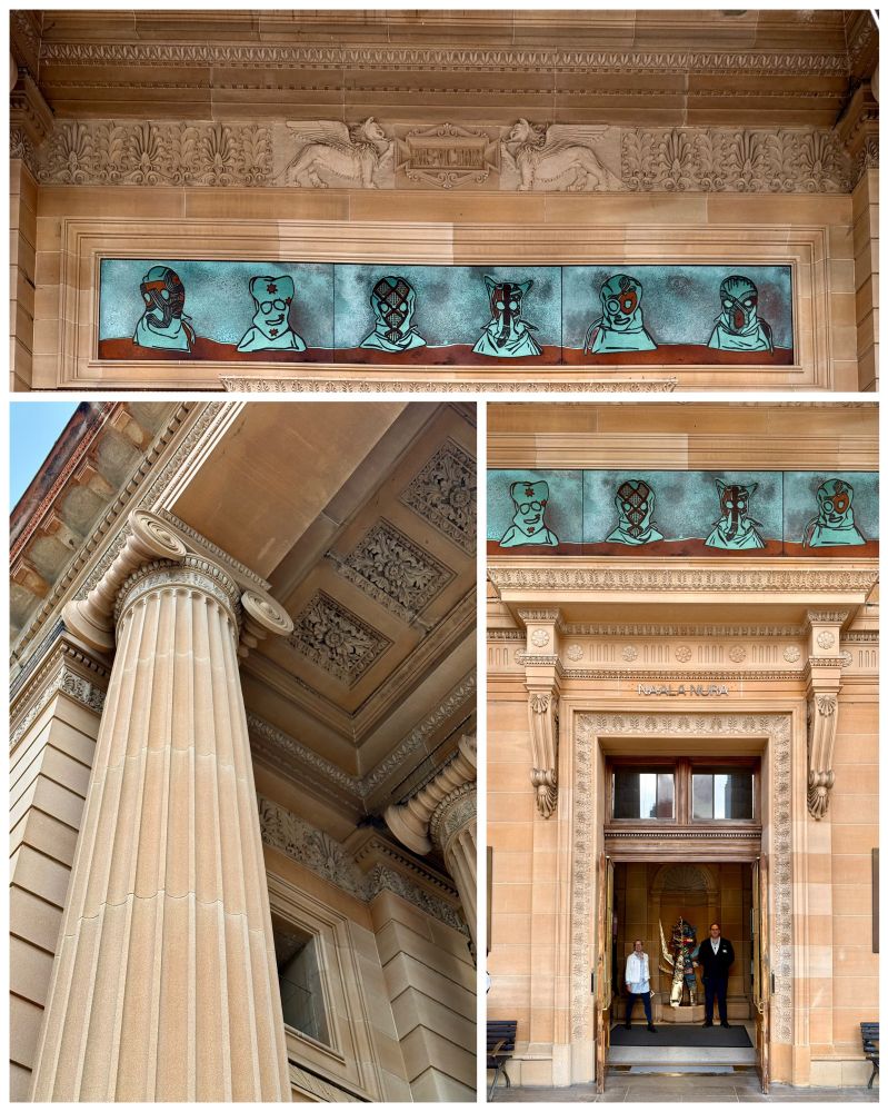 photos of a Classical porch showing columns, the door, and a new artwork over the door