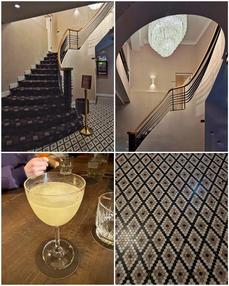 three photos of an Art Deco building’s internal stair and one photo of a cocktail