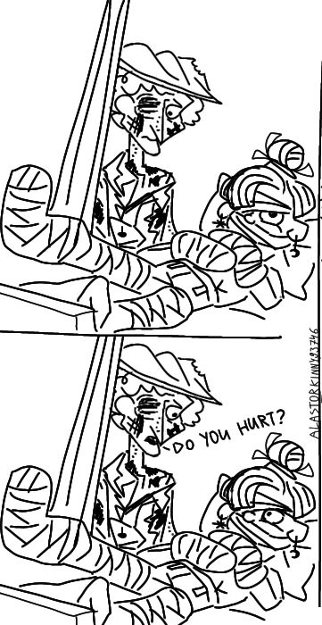 Curly red haired captain boy asks the violet-haired woman about the concept of pain, which he doesn't feel.