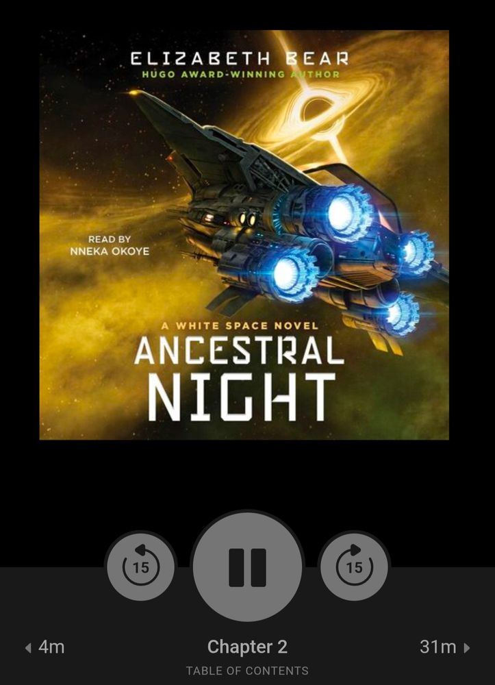 The audiobook cover of Ancestral Night by Elizabeth Bear, which depicts a spaceship approaching a black hole
