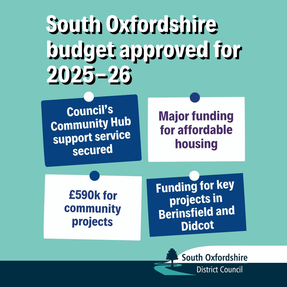 Alt text – ‘South Oxfordshire District Council budget approved for 2025-26: Council’s Community Hub support service secured, Major funding for affordable housing, £590k for community projects, Funding for key projects in Berinsfield and Didcot
